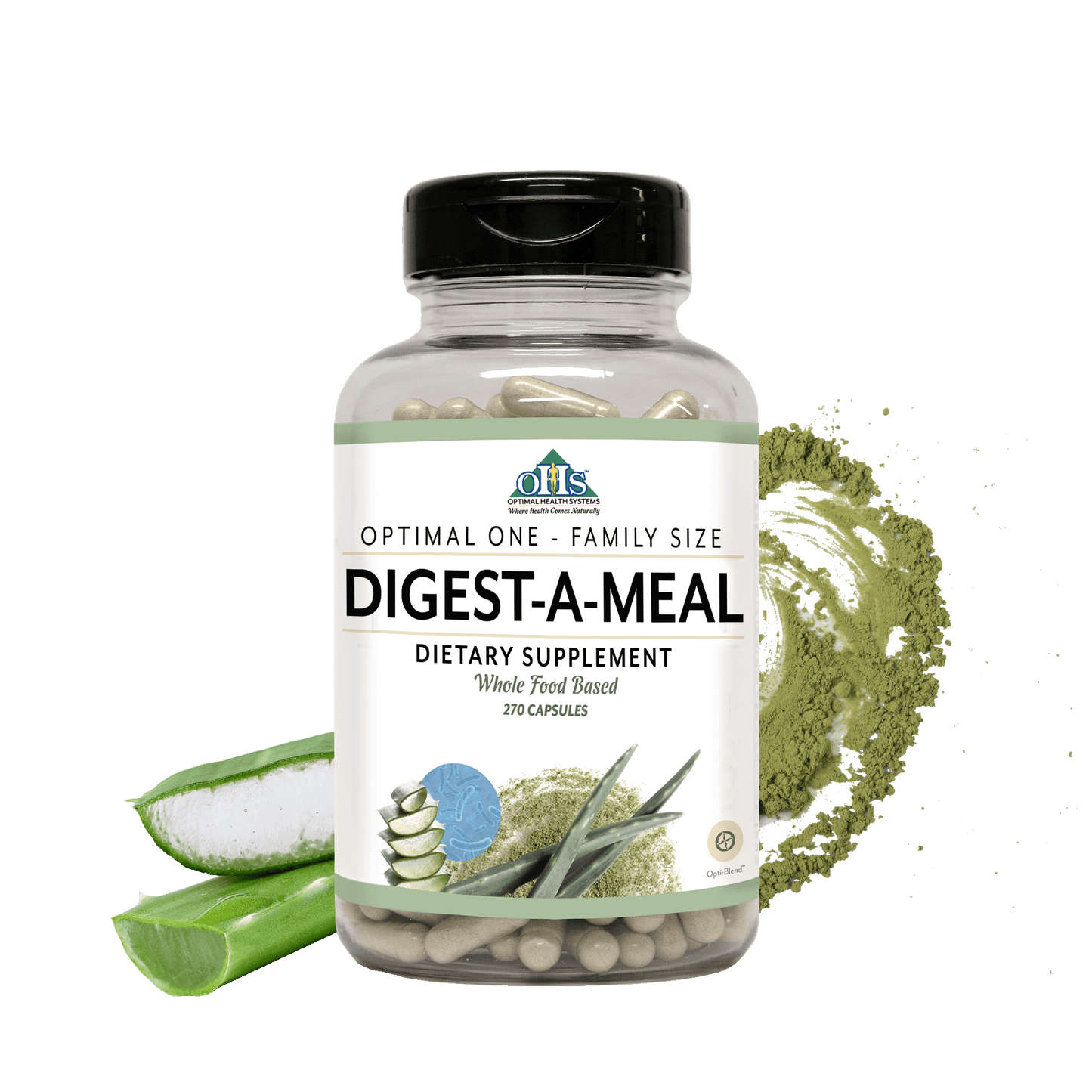 Image of a bottle of Optimal One Digest-A-Meal Family size with Aloe and plant enzymes behind the bottle.