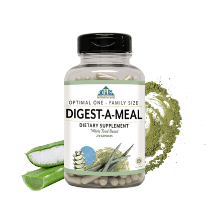 Image of a bottle of Optimal One Digest-A-Meal Family size with Aloe and plant enzymes behind the bottle.