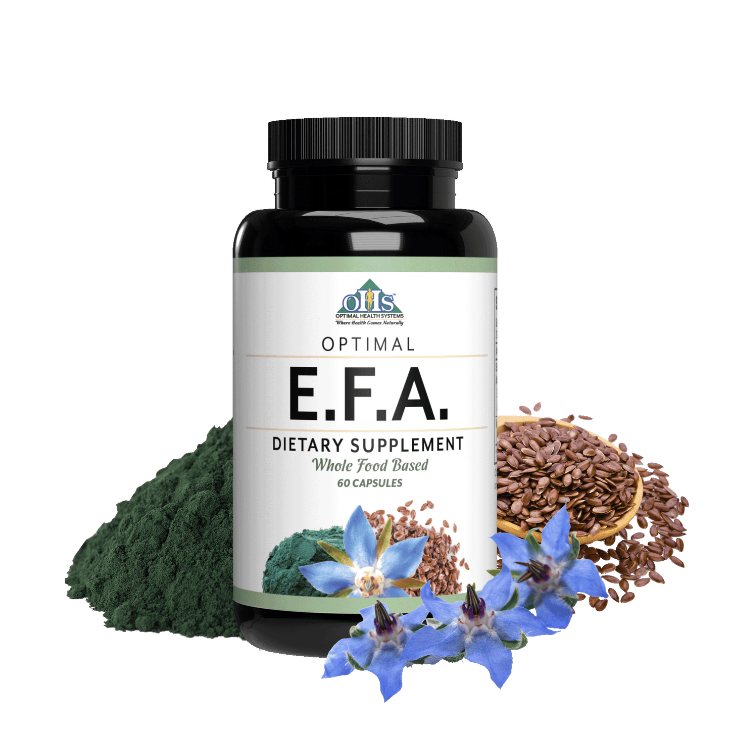 Image of a bottle of Optimal E.F.A. Around the bottle is some flax seeds, algae, and borage flowers