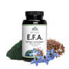 Image of a bottle of Optimal E.F.A. Around the bottle is some flax seeds, algae, and borage flowers