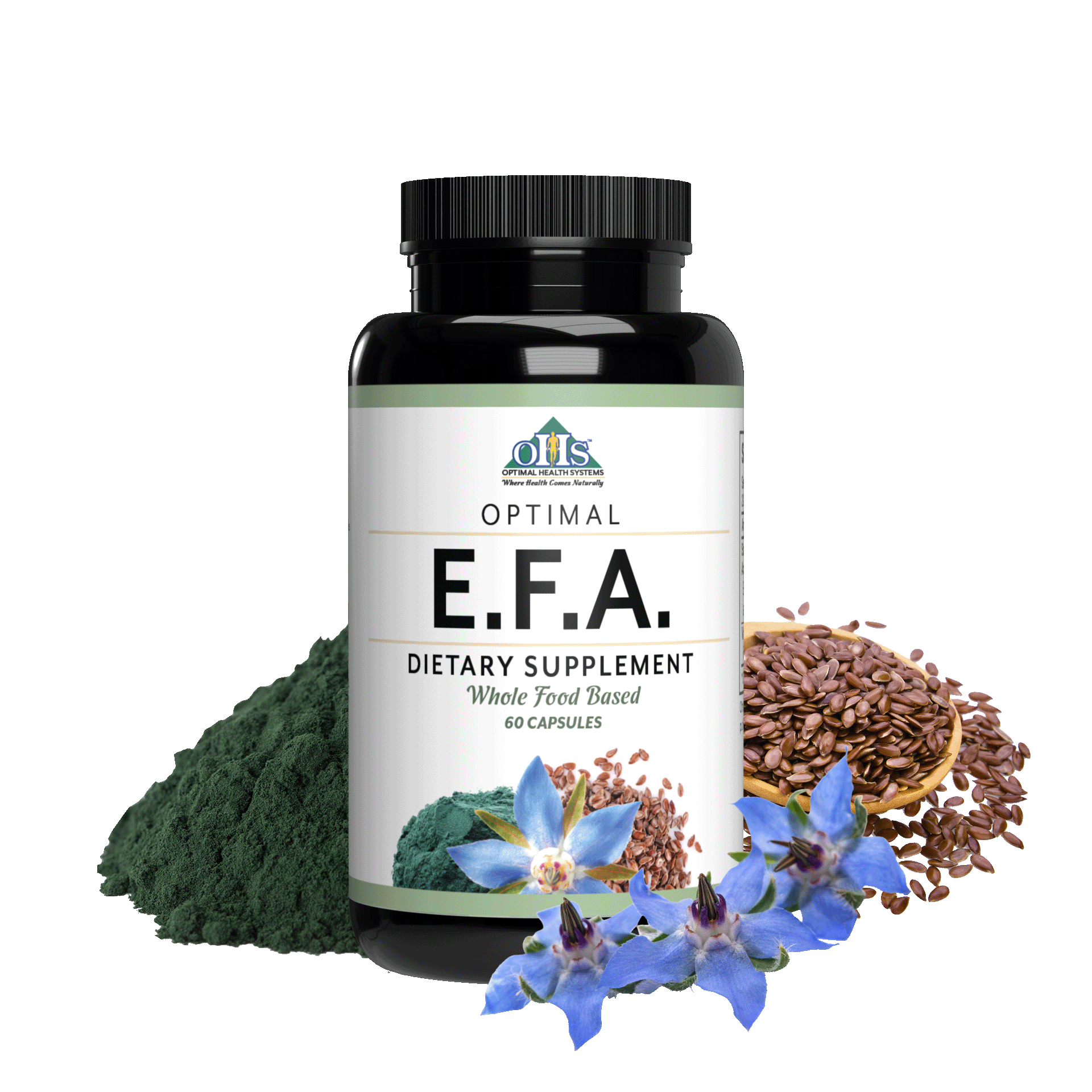 Image of a bottle of Optimal E.F.A. Around the bottle is some flax seeds, algae, and borage flowers