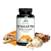 Image of a bottle of Optimal Fat Sugar Trim with turmeric root and powder, garlic bulb and cloves, and cinnamon sprigs.