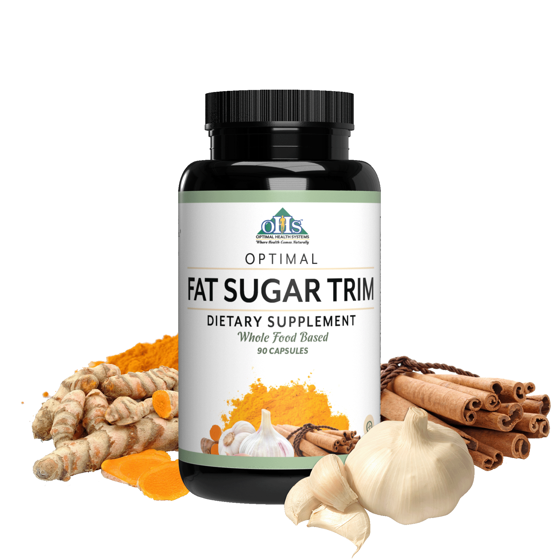 Image of a bottle of Optimal Fat Sugar Trim with turmeric root and powder, garlic bulb and cloves, and cinnamon sprigs.