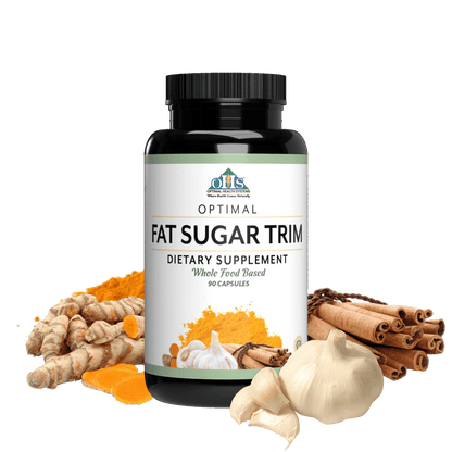 Image of a bottle of Optimal Fat Sugar Trim with turmeric root and powder, garlic bulb and cloves, and cinnamon sprigs.