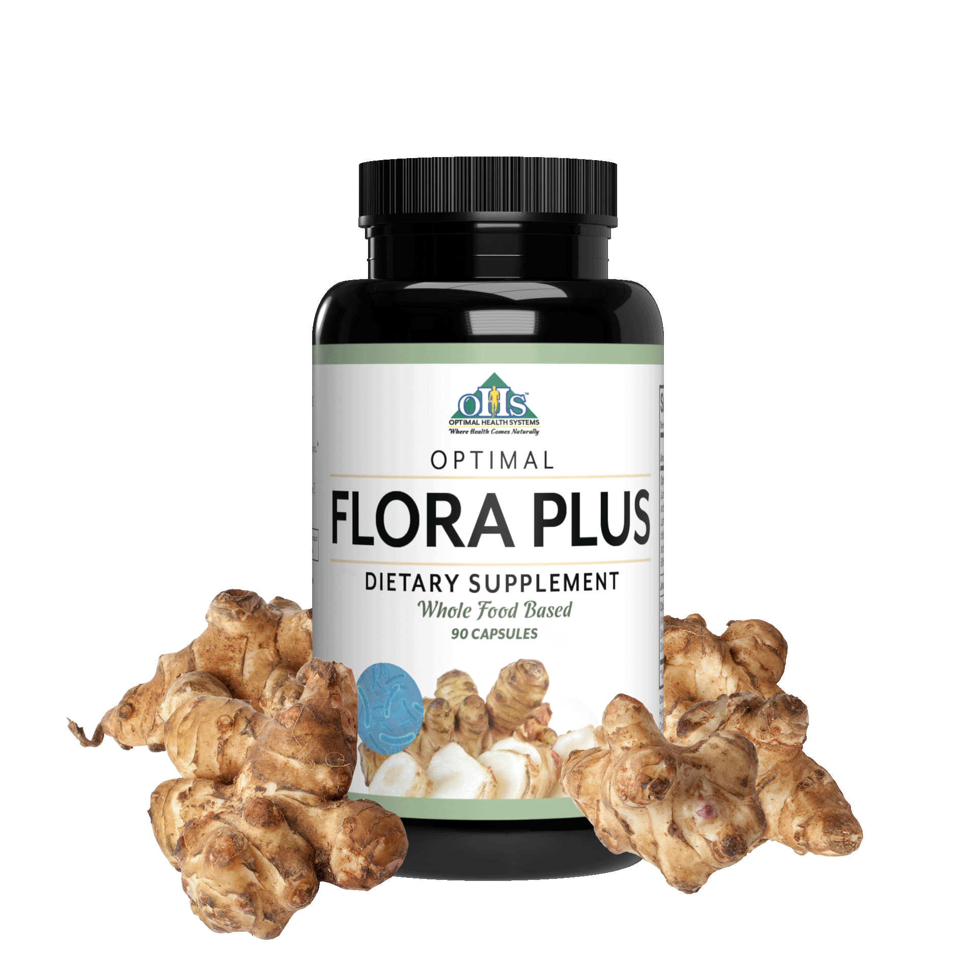 Image of a bottle of Optimal Flora Plus with Jerusalem artichokes.