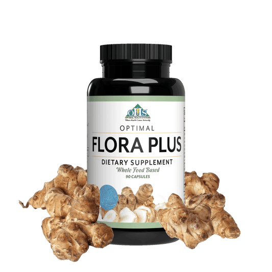 Image of a bottle of Optimal Flora Plus with Jerusalem artichokes.