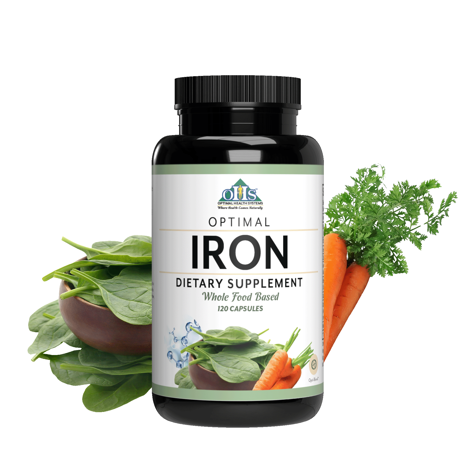 Image of a bottle of Optimal Iron with spinach leaves behind the bottle.