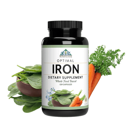 Image of a bottle of Optimal Iron with spinach leaves behind the bottle.