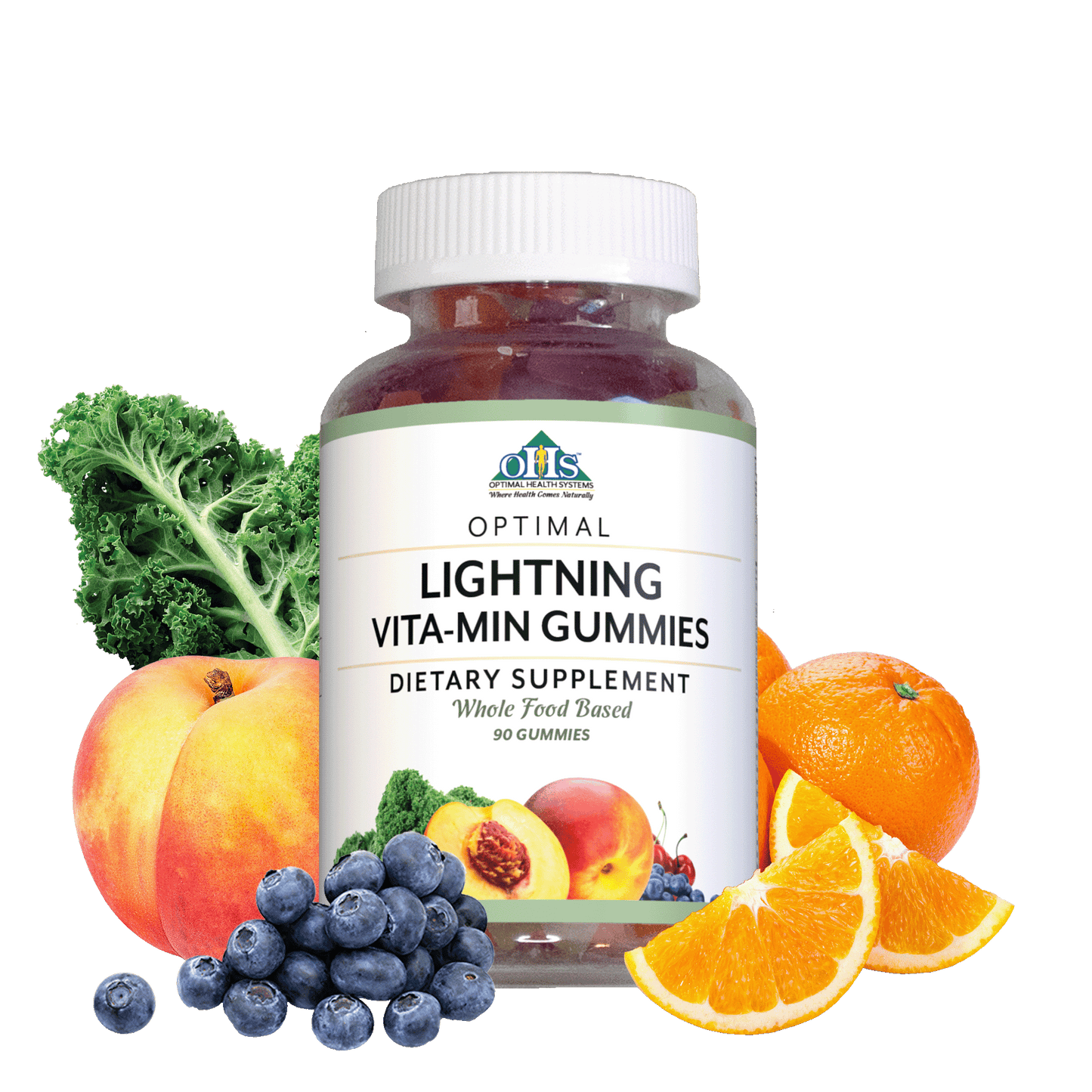 Image of a bottle of Optimal Lightning Vita-Min Gummies; around the bottle is a pile of blueberries, some oranges and orange slices, a peach, and a leaf of kale.