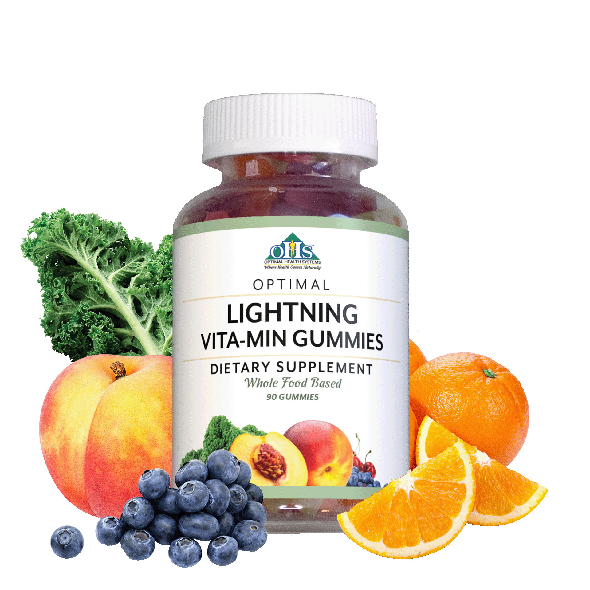 Image of a bottle of Optimal Lightning Vita-Min Gummies; around the bottle is a pile of blueberries, some oranges and orange slices, a peach, and a leaf of kale.