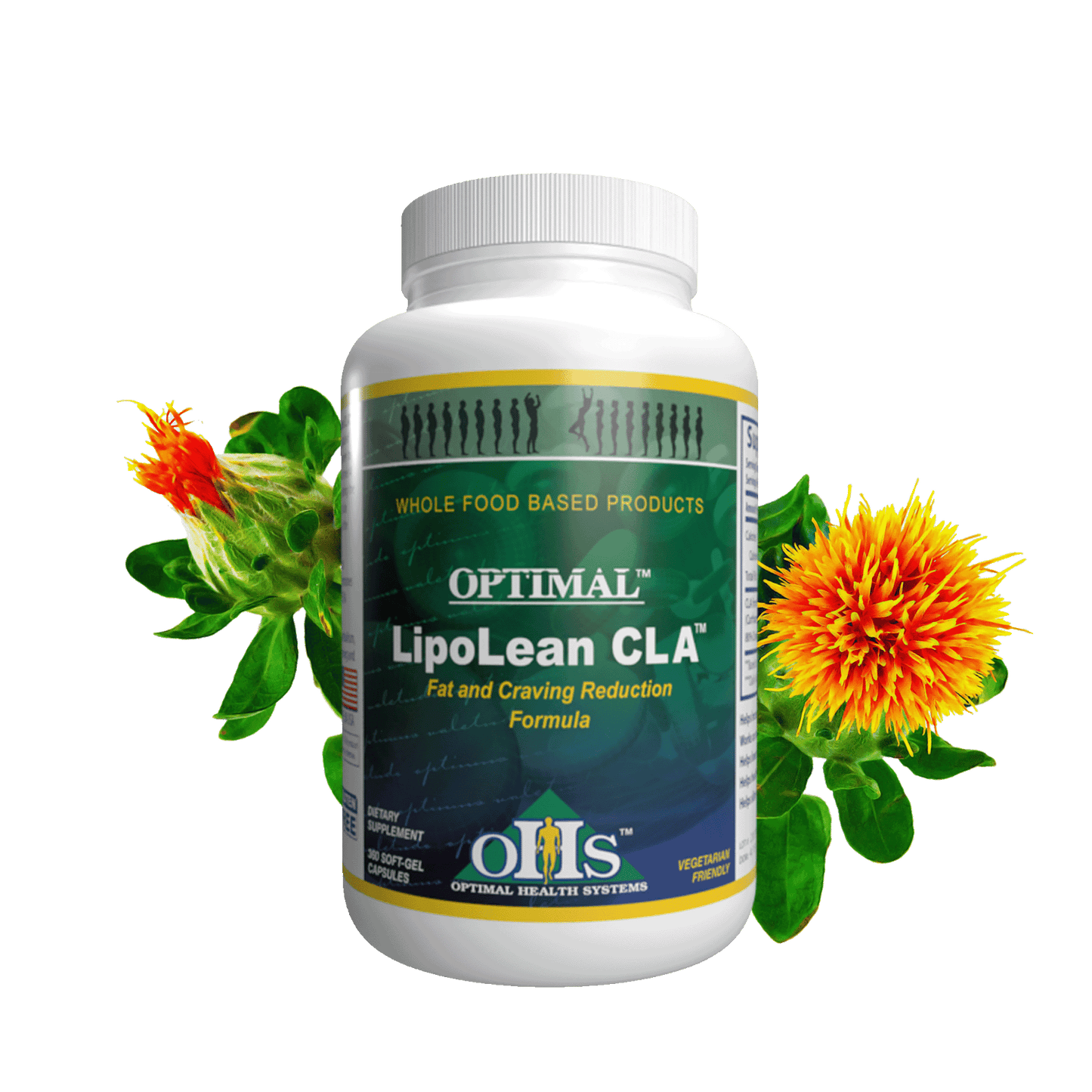 Image of a bottle of Optimal LipoLean CLA: there are two safflowers around the bottle.