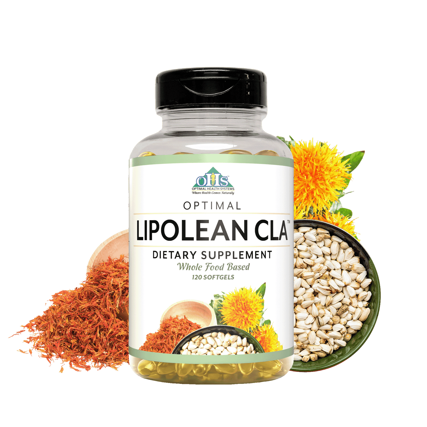 Image of a bottle of Optimal LipoLean CLA: there are two safflowers around the bottle.