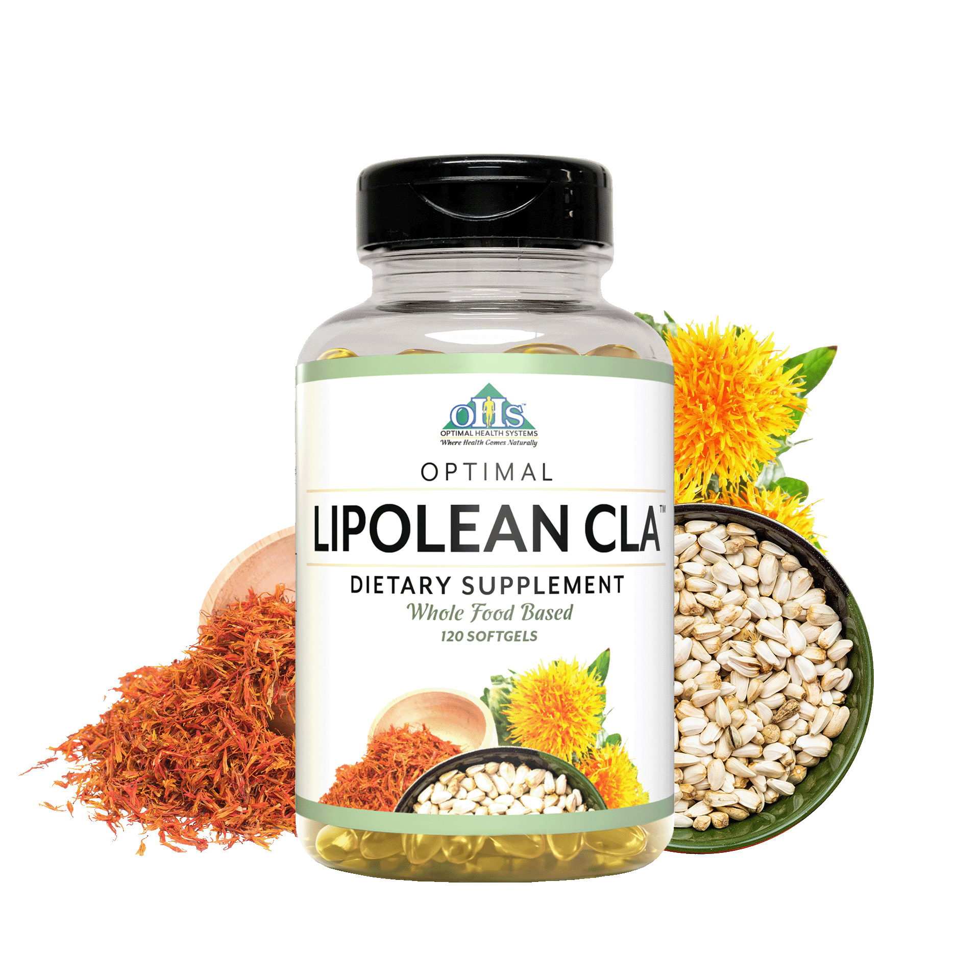 Image of a bottle of Optimal LipoLean CLA: there are two safflowers around the bottle.