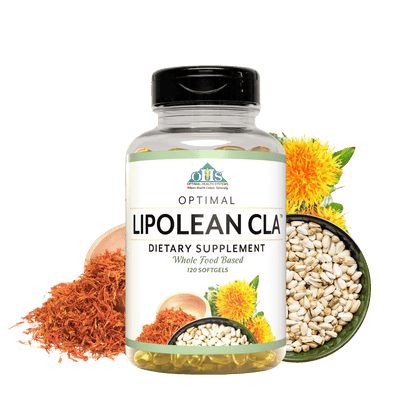 Image of a bottle of Optimal LipoLean CLA: there are two safflowers around the bottle.