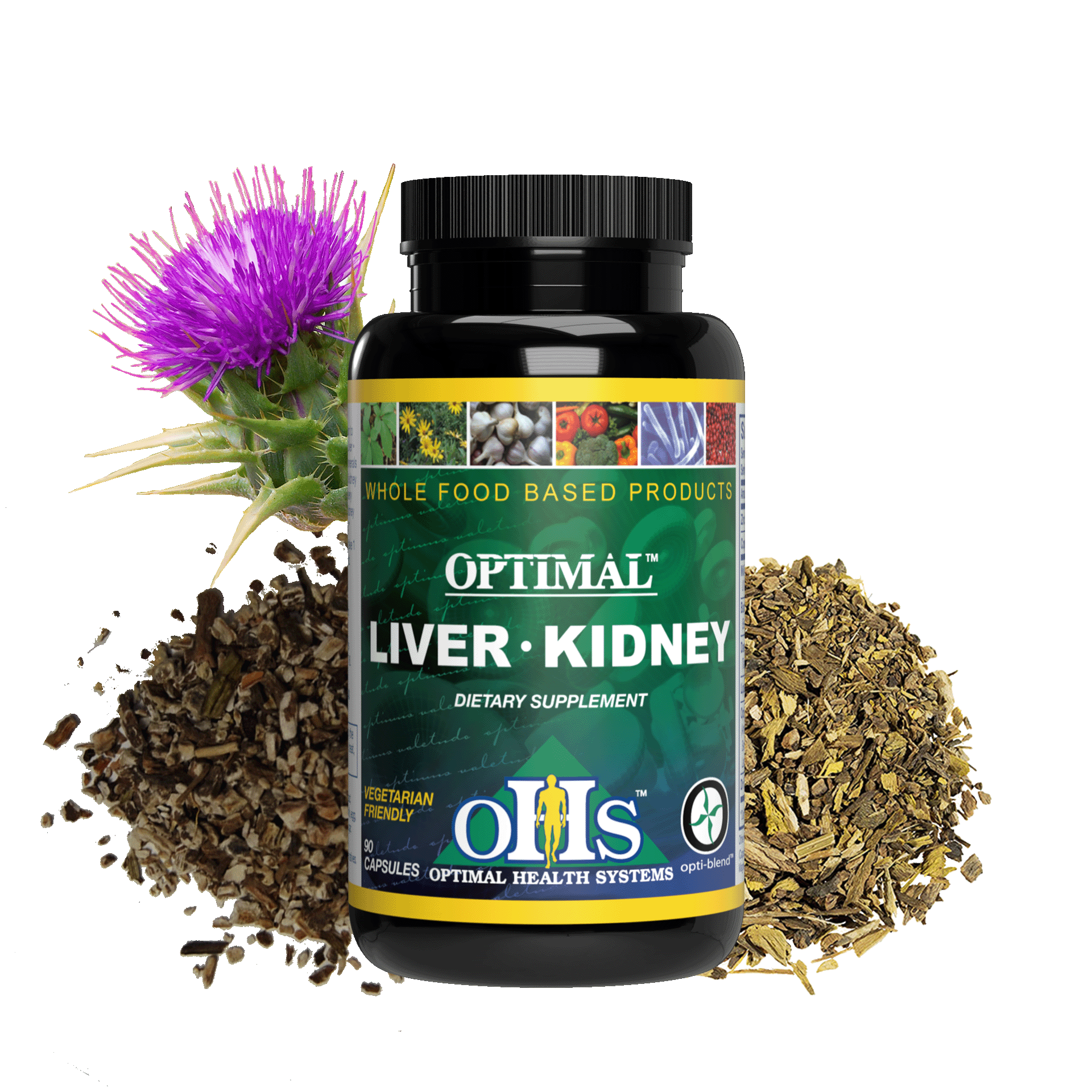 Image of a bottle of Optimal Liver Kidney with chopped dried dandelion root, Chopped barberry root, and milk thistle around the bottle.