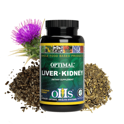 Image of a bottle of Optimal Liver Kidney with chopped dried dandelion root, Chopped barberry root, and milk thistle around the bottle.