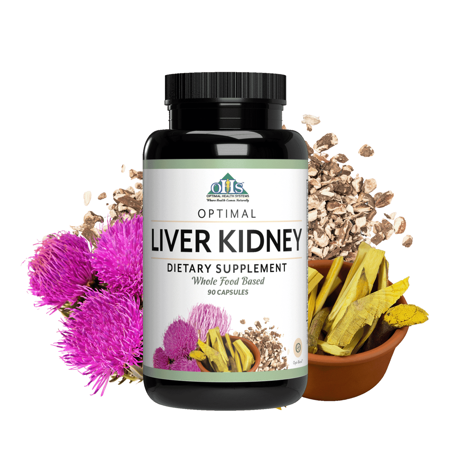 Image of a bottle of Optimal Liver Kidney with chopped dried dandelion root, Chopped barberry root, and milk thistle around the bottle.