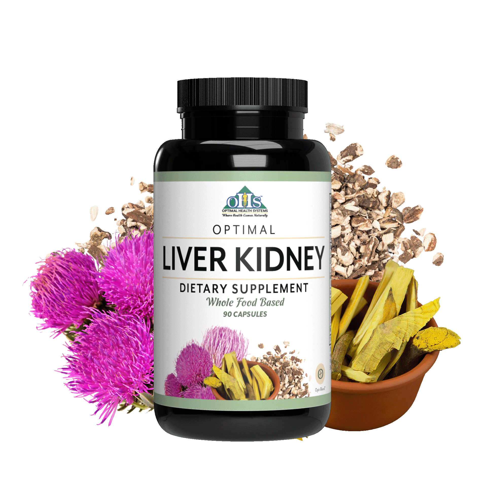 Image of a bottle of Optimal Liver Kidney with chopped dried dandelion root, Chopped barberry root, and milk thistle around the bottle.