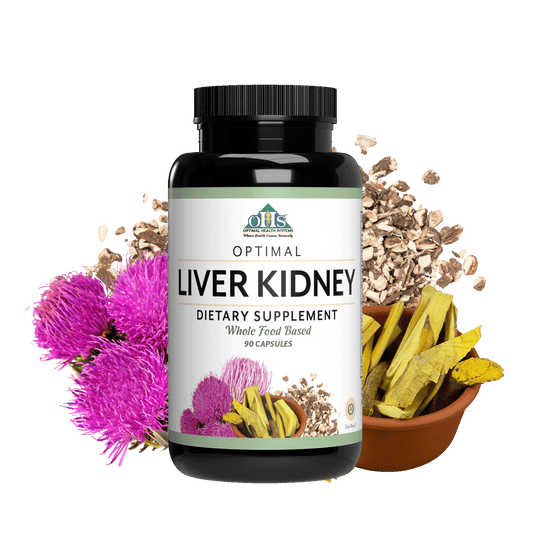 Image of a bottle of Optimal Liver Kidney with chopped dried dandelion root, Chopped barberry root, and milk thistle around the bottle.