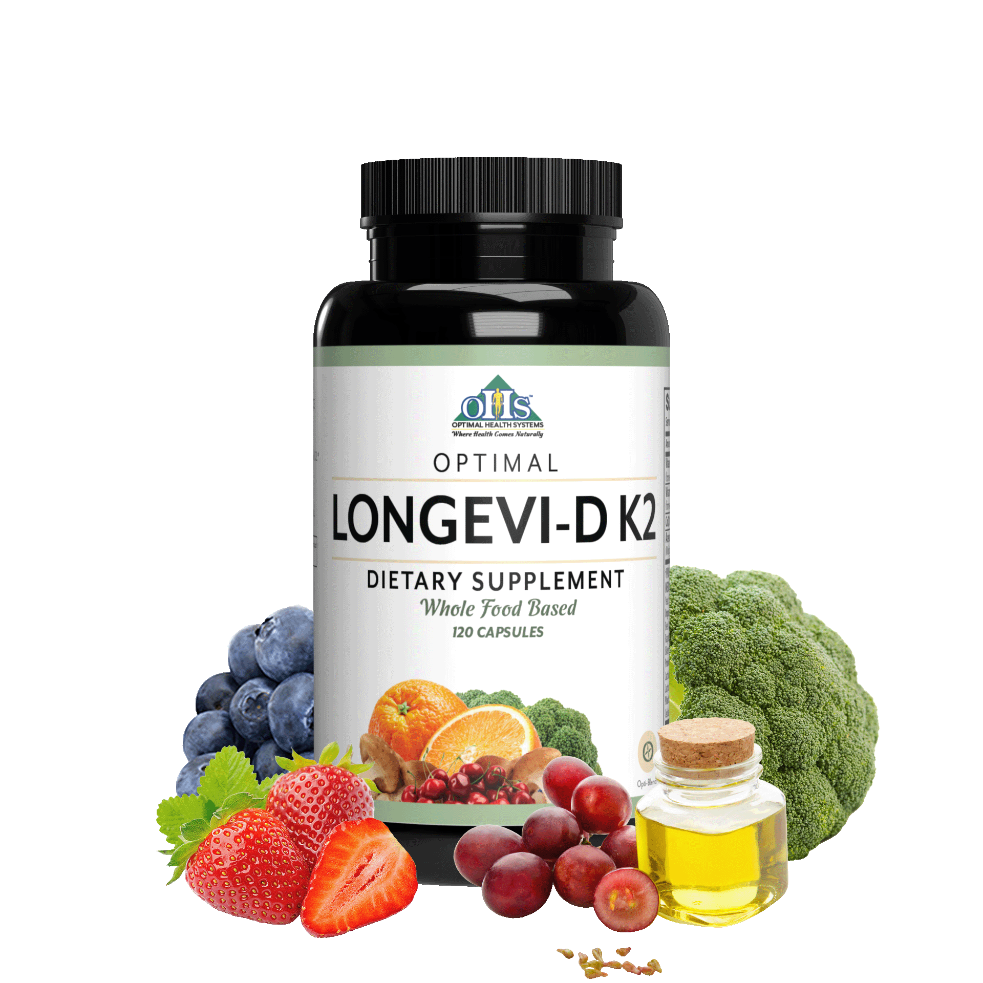 Image of a bottle of Optimal Longevi-D K2 with blueberries, strawberries, broccoli, and red grapes with seeds and a bottle of grape seed oil.