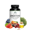 Image of a bottle of Optimal Longevi-D K2 with blueberries, strawberries, broccoli, and red grapes with seeds and a bottle of grape seed oil.