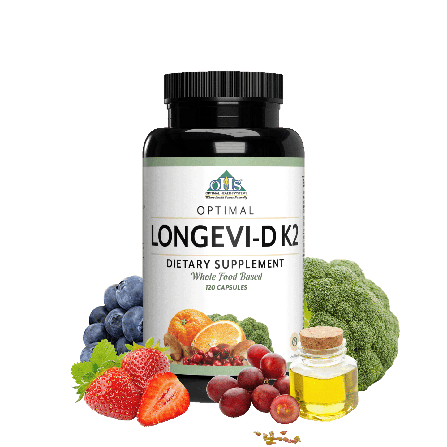 Image of a bottle of Optimal Longevi-D K2 with blueberries, strawberries, broccoli, and red grapes with seeds and a bottle of grape seed oil.