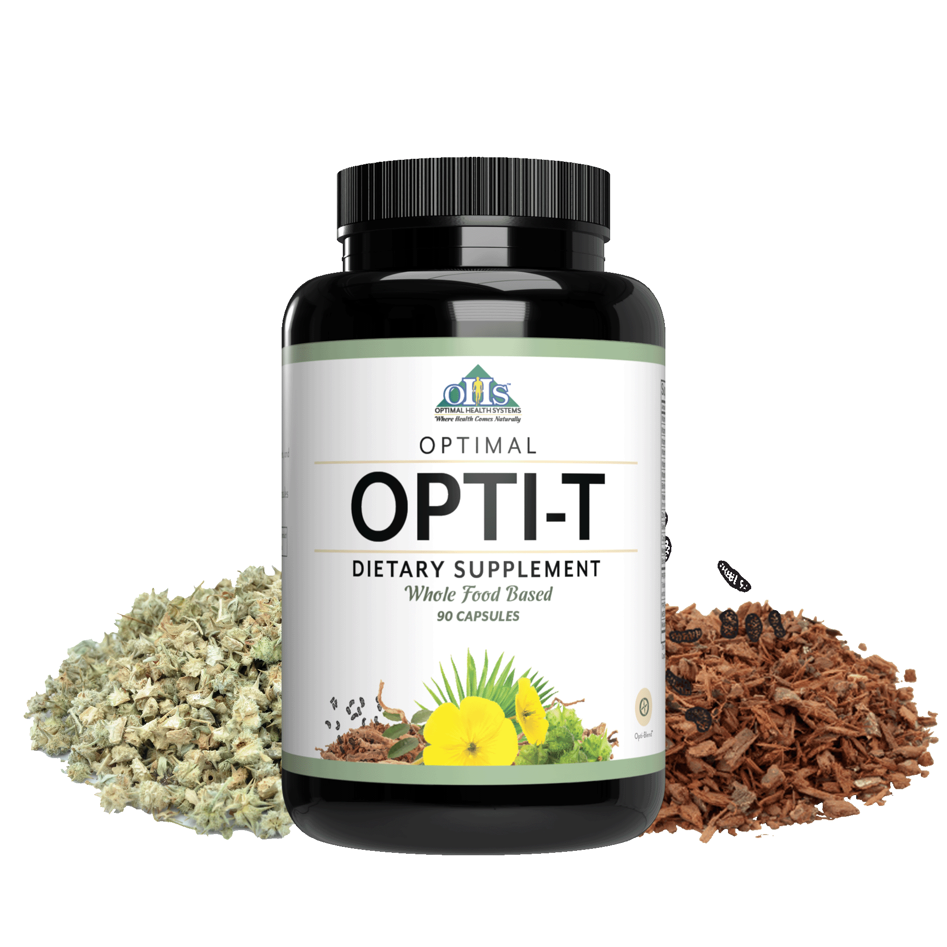 Image of a bottle of Optimal Opti-T. Around the bottle is Tribulus Terrestris and Pygeum Herb.