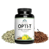 Image of a bottle of Optimal Opti-T. Around the bottle is Tribulus Terrestris and Pygeum Herb.