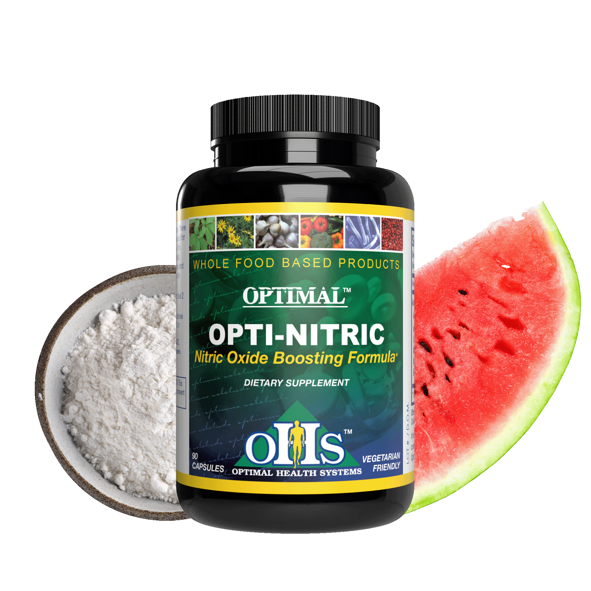 Image of a bottle of Optimal Opti-Nitric. behind the bottle is a watermelon slice and Arginine powder.