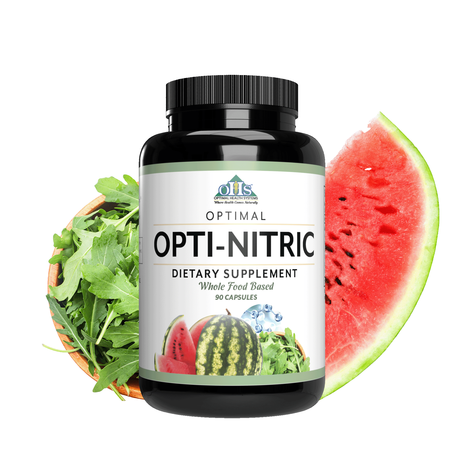 Image of a bottle of Optimal Opti-Nitric. behind the bottle is a watermelon slice and Arginine powder.