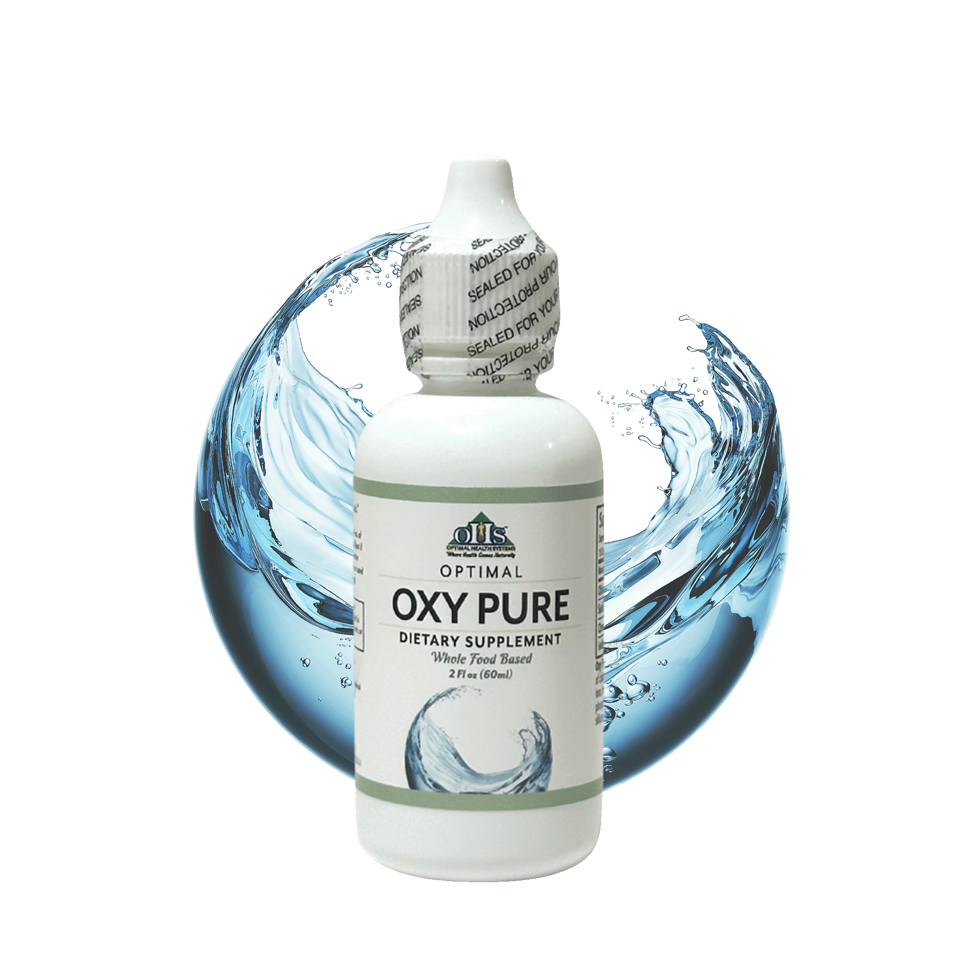 Image of a bottle of Optimal Oxy Pure; oxygen molecules are depicted behind it.