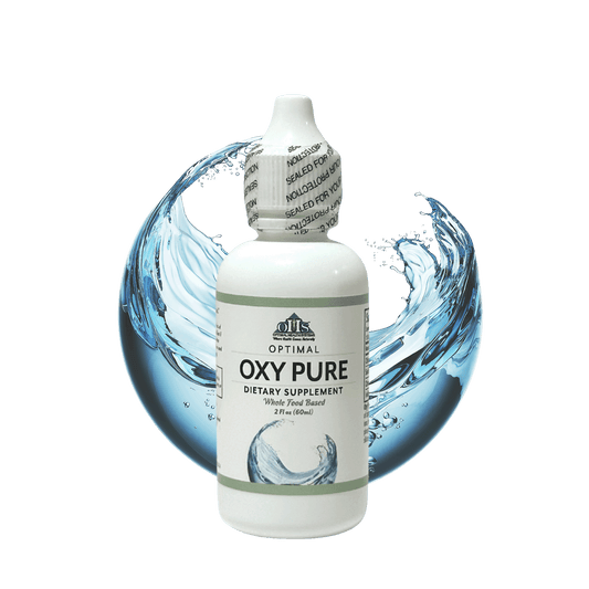 Image of a bottle of Optimal Oxy Pure; oxygen molecules are depicted behind it.