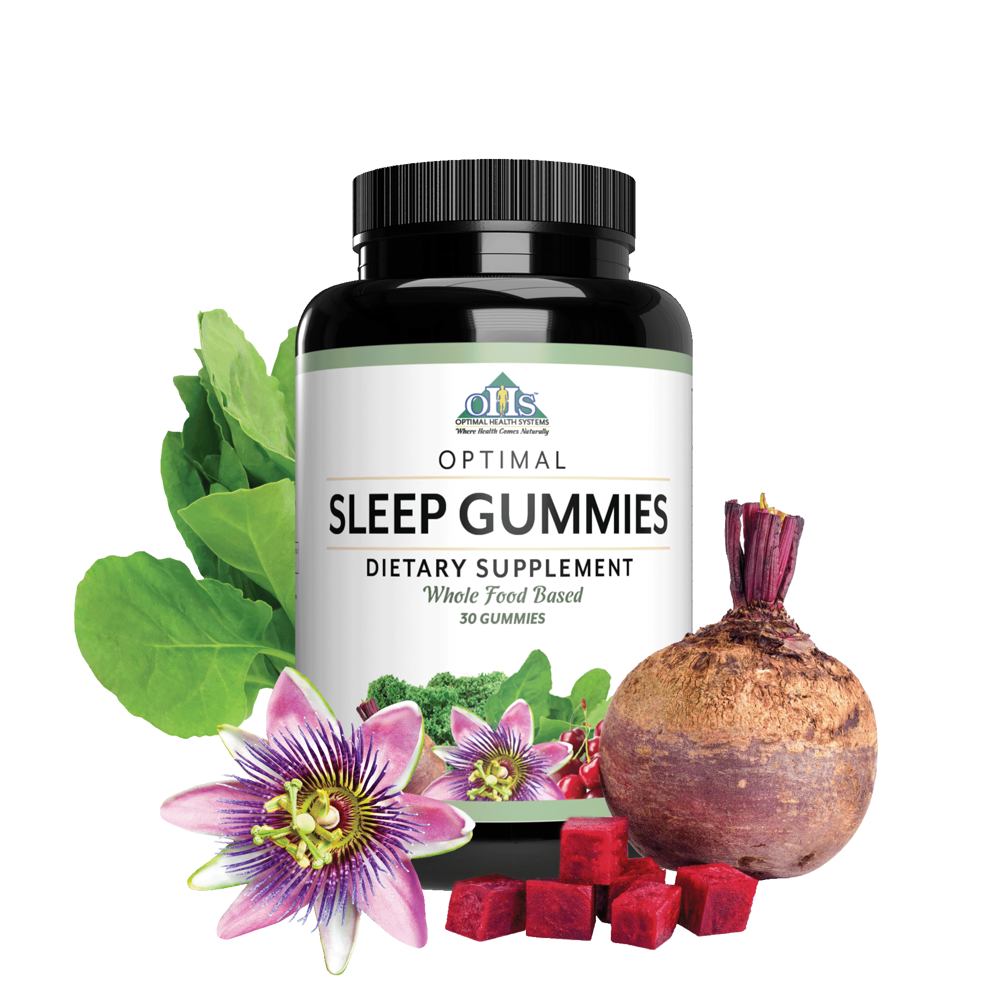 Image of a bottle of Optimal Sleep gummies; around the bottle, is some spinach, beet, and passiflora flowers.