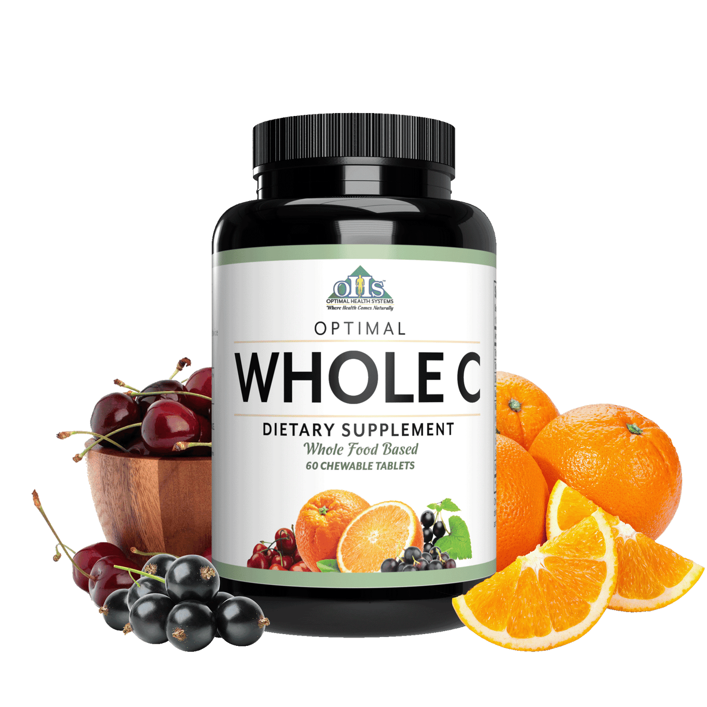 Image of a bottle of Optimal Whole C. Around the bottle are some cherries, oranges, and grapefruit.