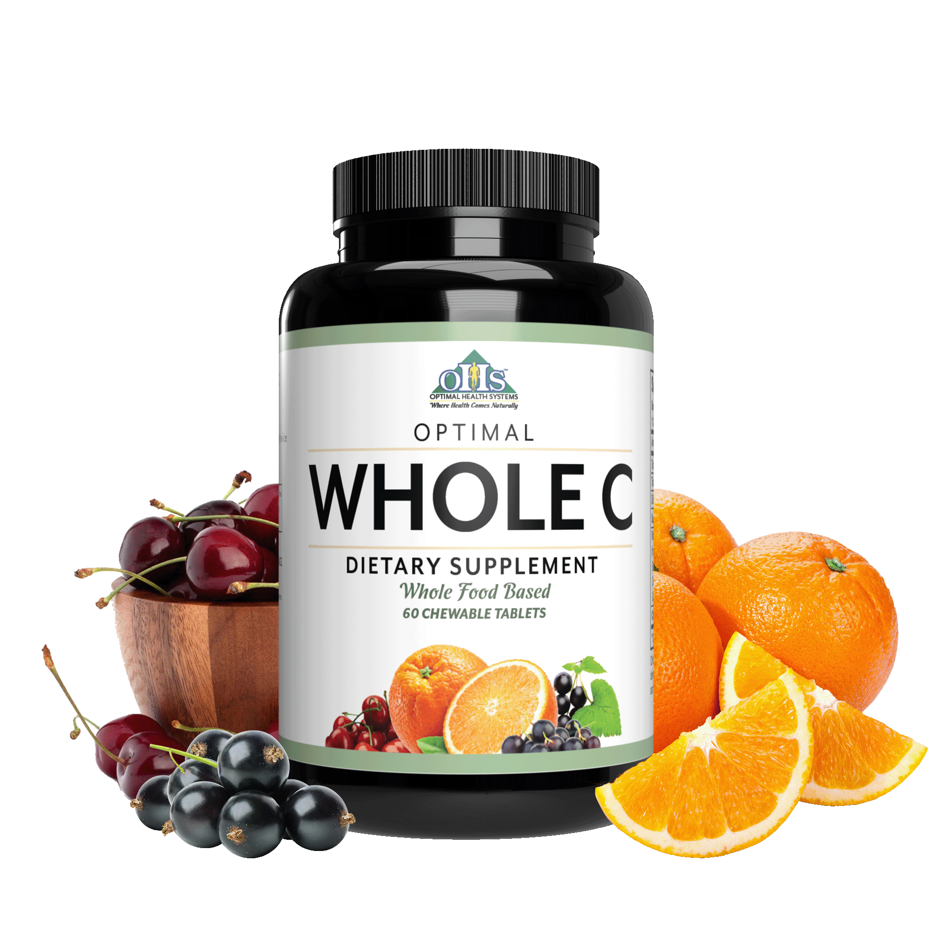 Image of a bottle of Optimal Whole C. Around the bottle are some cherries, oranges, and grapefruit.