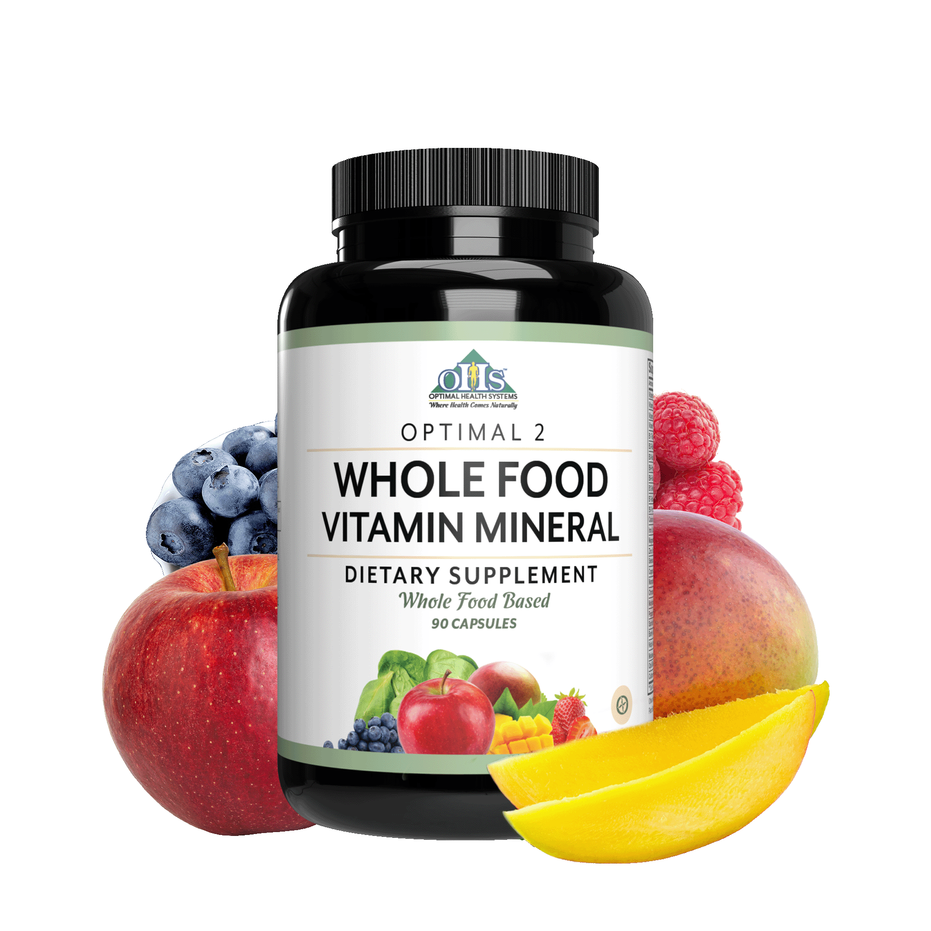 Image of a bottle of Optimal 2 Whole Food Vitamin Mineral. Around the bottle are blueberries, raspberries, mangoes, and apples.