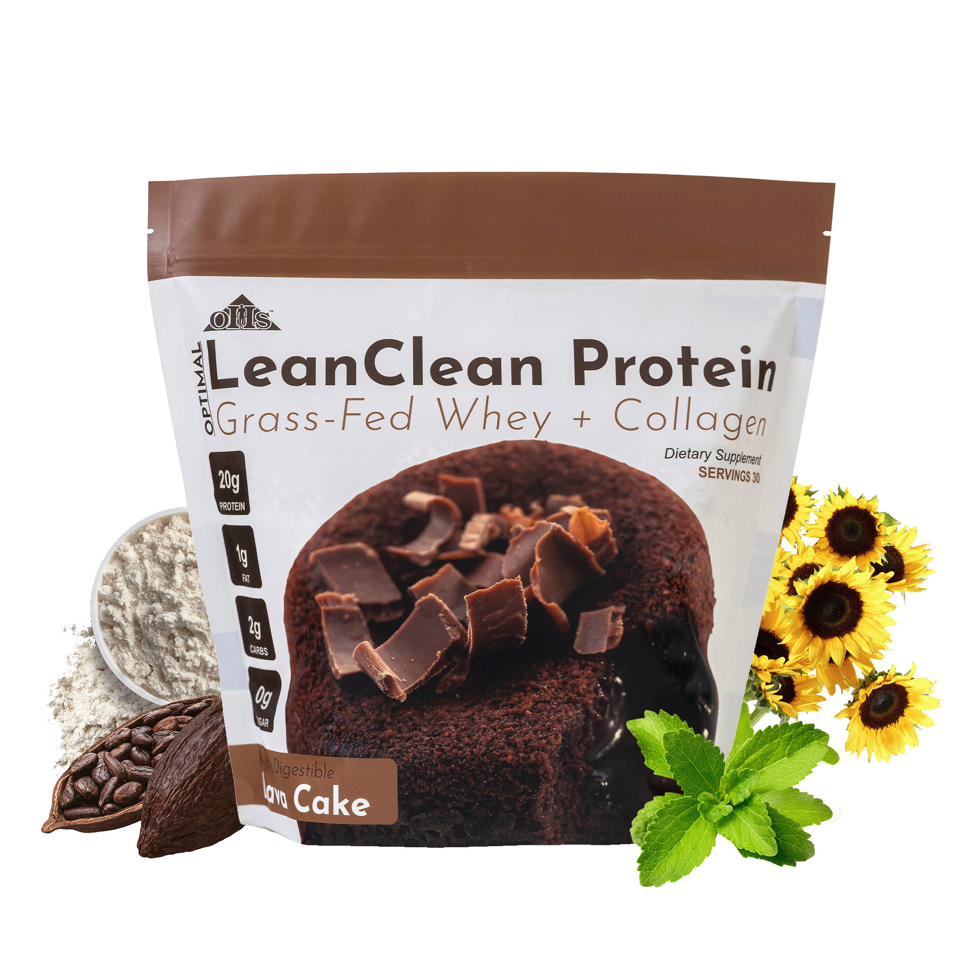Image of Optimal Lean Clean Protein Lava cake bag. Around the bag are sunflowers, whey powder, cocoa beans, and stevia leaves.