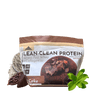 Image of Optimal Lean Clean Protein Lava cake bag. Around the bag are sunflowers, whey powder, cocoa beans, and stevia leaves.