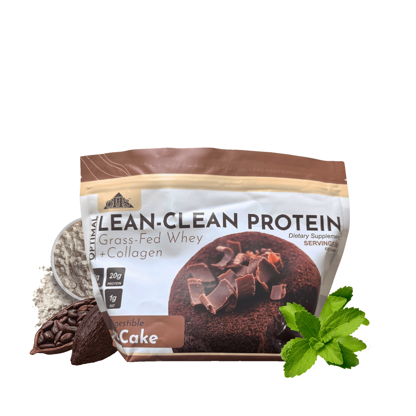 Image of Optimal Lean Clean Protein Lava cake bag. Around the bag are sunflowers, whey powder, cocoa beans, and stevia leaves.