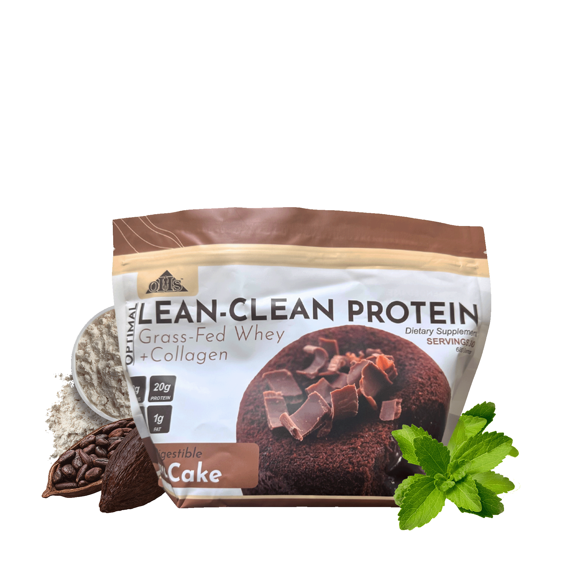 Image of Optimal Lean Clean Protein Lava cake bag. Around the bag are sunflowers, whey powder, cocoa beans, and stevia leaves.