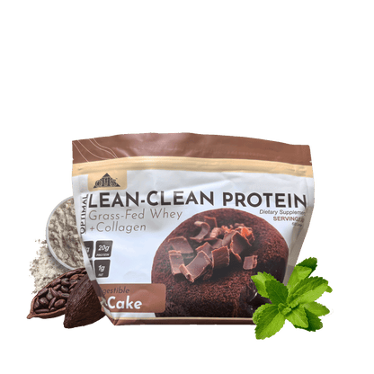 Image of Optimal Lean Clean Protein Lava cake bag. Around the bag are sunflowers, whey powder, cocoa beans, and stevia leaves.