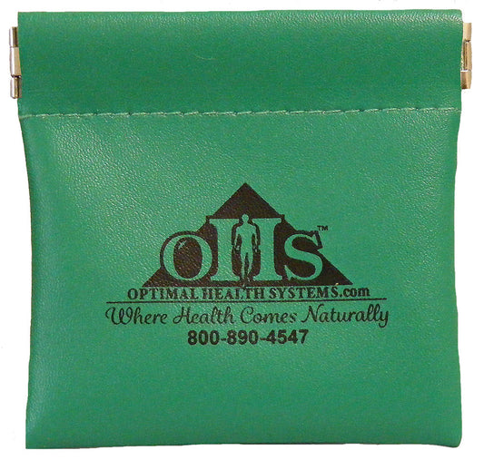 A Dark green pill pouch, the OHS logo is in the center along with the phone number "800-890-4547".