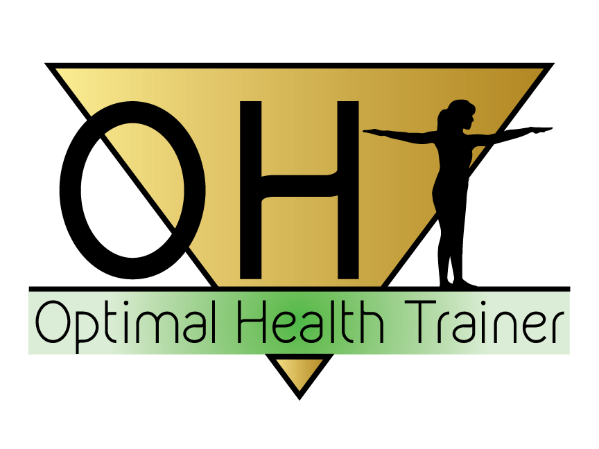 A picture of the Optimal Health trainer depicting the letters "O," H," and "T" The "T" is replaced by a woman with her arms out to form a "t" shape. There is a gold triangle in the background. and under the "OHT" is the text "Optimal Health Trainer" with a green gradient behind it.
