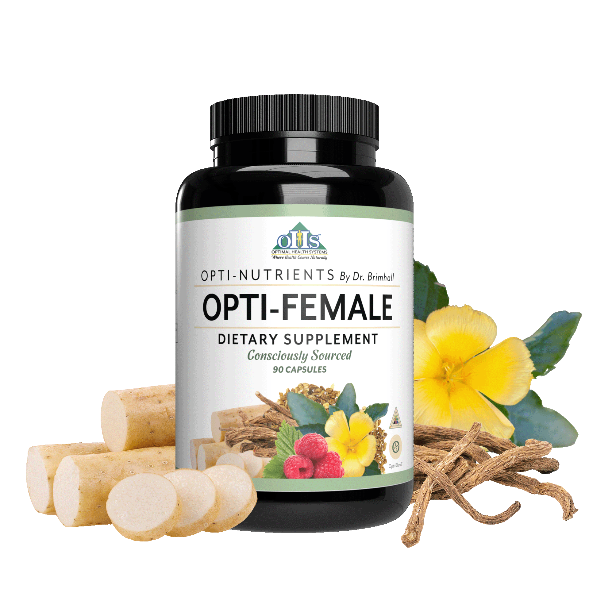 Image of a bottle of Optimal Opti-Female; around the Bottle are Mexican Wild Yam Root, Damiana Leaf, and Dong Quai Root.