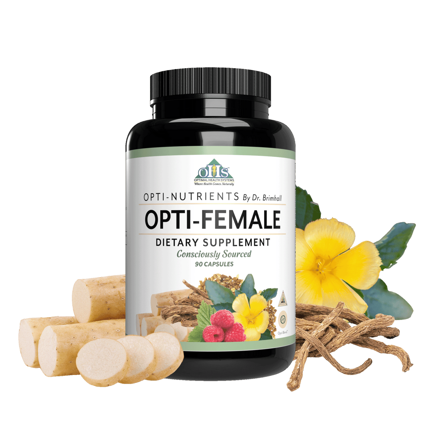 Image of a bottle of Optimal Opti-Female; around the Bottle are Mexican Wild Yam Root, Damiana Leaf, and Dong Quai Root.