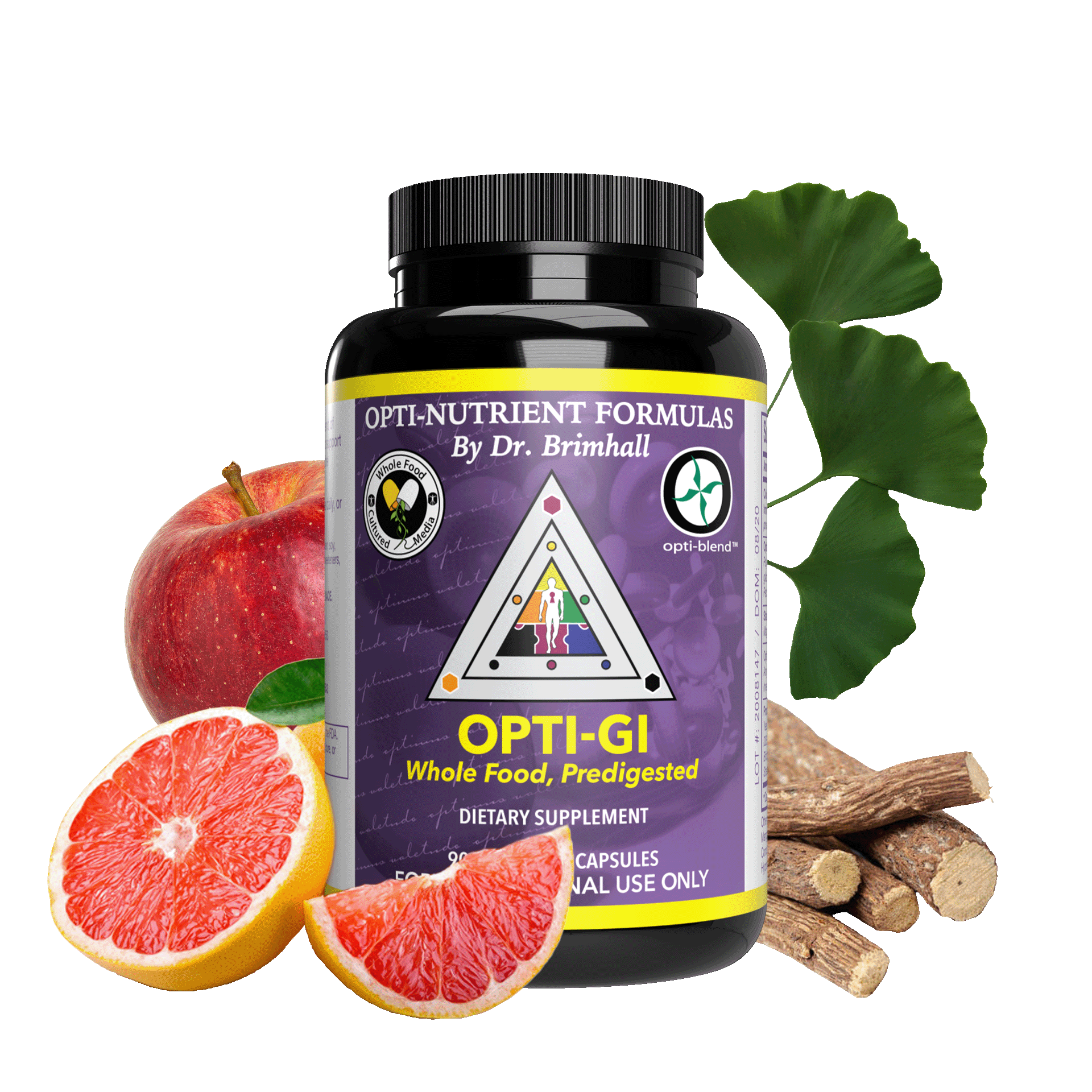 Image of a bottle of Opti-Nutrients Opti-GI. Around the bottle are, ginko leaves, an apple, grapefruit, and licorice root.