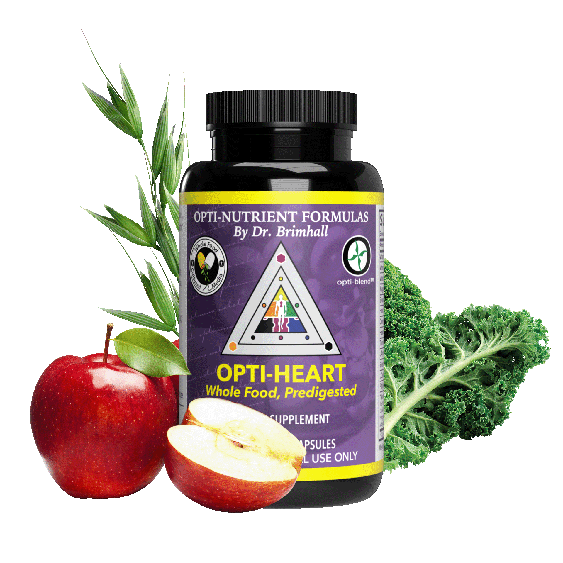 Image of a bottle of Opti-Nutrients Opti-Heart. around the bottle is kale, apples, and barley grass.