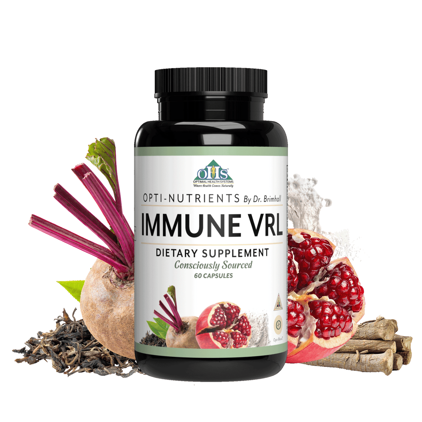 Image of a bottle of Opti-Nutrients Immune VRL. Around the bottle is beat, pomegranate, licorice root, green tea, and opti blend powder.