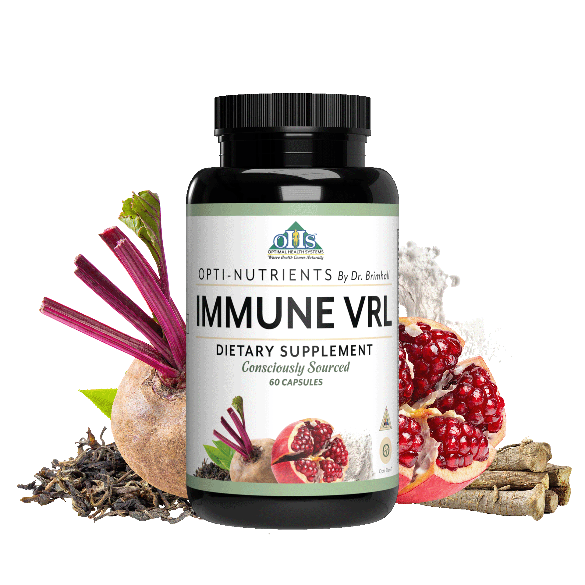 Image of a bottle of Opti-Nutrients Immune VRL. Around the bottle is beat, pomegranate, licorice root, green tea, and opti blend powder.