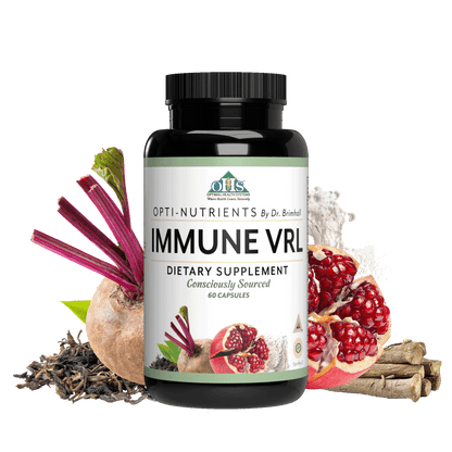 Image of a bottle of Opti-Nutrients Immune VRL. Around the bottle is beat, pomegranate, licorice root, green tea, and opti blend powder.